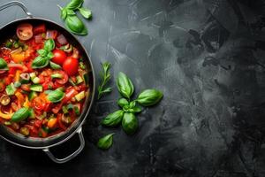 AI generated Traditional french Ratatouille with tomatoes, eggplant and zucchini, top view, copy space photo