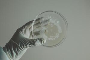 ai generado científicos mano en guante participación petri platos con bacteriano colonias cultura foto