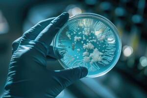 AI generated Scientists hand in glove holding petri dishes with bacterial colonies culture photo