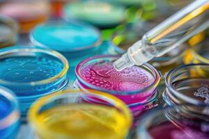 AI generated petri dishes with bacterial colonies culture on agar plates in laboratory photo