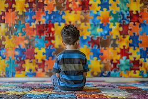 AI generated boy sitting before the wall made from puzzle pieces. World autism awareness day photo