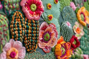 ai generado mexicano bordado con cactus, flores, aves, rosario foto