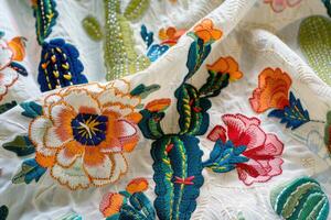 AI generated Mexican embroidery with cacti, flowers, birds, beads photo