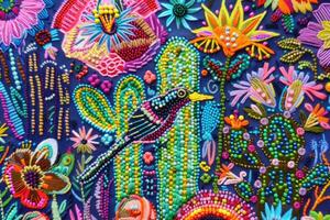 AI generated Mexican embroidery with cacti, flowers, birds, beads photo