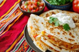 AI generated mexican quesadillas with chicken, cheese and peppers, copy space photo