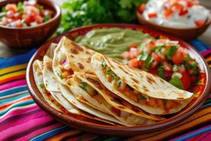 AI generated mexican quesadillas with chicken, cheese and peppers, copy space photo