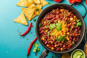 AI generated Mexican hot chili con carne, beans, minced meat and vegetables stew in tomato sauce photo