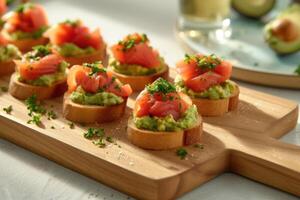 AI generated Open sandwiches toasts with salted salmon, avocado guacamole, roasted chickpeas photo