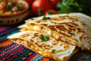 AI generated mexican quesadillas with chicken, cheese and peppers, copy space photo