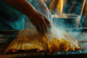 AI generated Prehispanic mexican dish Tamales. Corn dough wrapped in corn leaves photo