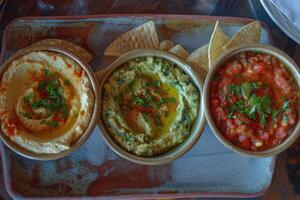 AI generated avocado based dips, guacamole, salsa, yogurt, tortilla chips, vegetables photo