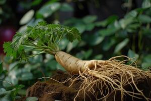 AI generated Wild ginseng roots plant, chinese herbal pharmacy photo