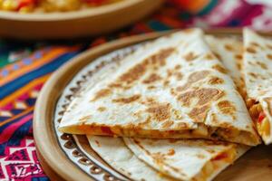 AI generated mexican quesadillas with chicken, cheese and peppers, copy space photo