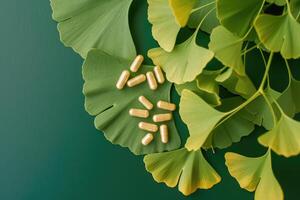 AI generated Maidenhair or ginkgo biloba leaves and pills for brain, memory. Healing plant in Chinese medicine photo