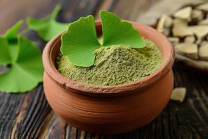 AI generated Maidenhair, ginkgo biloba leaves and pile powder for brain, memory. Healing plant Chinese medicine photo