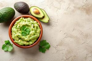 AI generated Closeup avocado guacamole dip with tortilla chips nachos photo