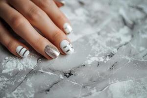 AI generated marble manicure with silver stripe photo