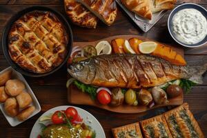 AI generated greek food, salad, meze, pie, fish, tzatziki, dolma photo