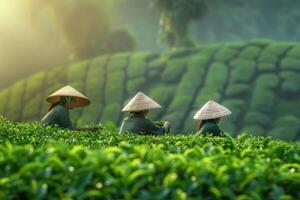 AI generated female workers collect harvests tea leaves by Hand at tea plantation photo