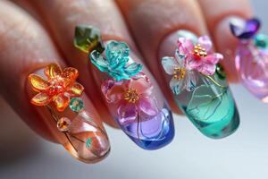 AI generated 3d Flower nail art design on tinted glass nails photo