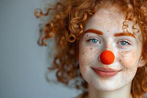 AI generated April Fools Day banner, funny clown circus performer, curly red haired girl with a clown nose photo