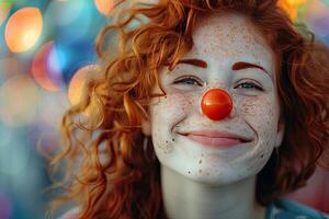 ai generado abril tontos día bandera, gracioso payaso circo ejecutante, Rizado rojo peludo niña con un payaso nariz foto