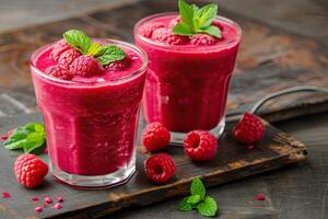 AI generated raspberries smoothie cocktail Healthy appetizing dessert in glasses fresh vegan drink. Copy space photo