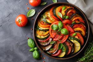 AI generated Traditional french Ratatouille with tomatoes, eggplant and zucchini, top view, copy space photo