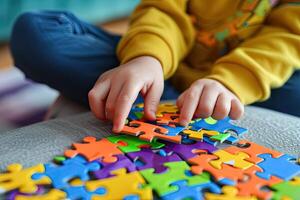 ai generado manos de un autista niño sostener un vistoso rompecabezas. mundo autismo conciencia día foto