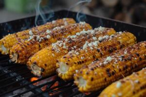 AI generated Elotes, Grilled Mexican Street Corn on the cob with cotija cheese, chili powder, mayonnaise photo