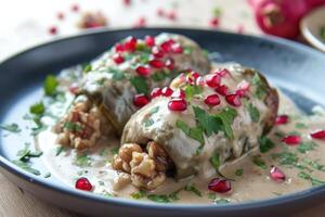 AI generated Mexican cuisine Chile en Nogada stuffed poblano chiles with creamy sauce, pomegranate seeds photo