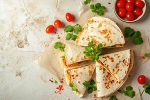 AI generated mexican quesadillas with chicken, cheese and peppers, copy space photo