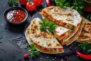 ai generado mexicano quesadillas con pollo, queso y pimientos, Copiar espacio foto