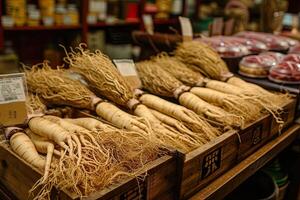 ai generado salvaje ginseng raíces planta, chino herbario farmacia foto