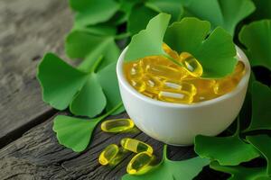AI generated Maidenhair or ginkgo biloba leaves and pills for brain, memory. Healing plant in Chinese medicine photo