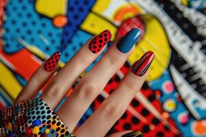 AI generated Close up pop art style manicure on female fingers. Nails design photo