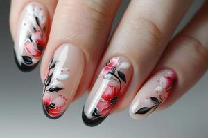 AI generated Close up view of spring nail art with floral pattern photo