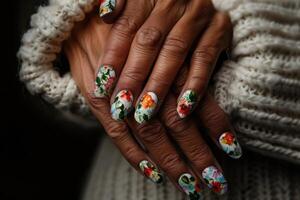 AI generated Close up view of spring nail art with floral pattern photo