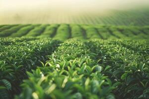 AI generated Green tea bush plantation with hills and mountains on background photo