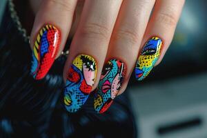 AI generated Close up pop art style manicure on female fingers. Nails design photo