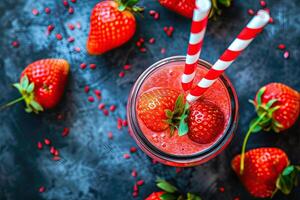 AI generated strawberry smoothie Healthy appetizing dessert in glasses fresh vegan drink . Copy space photo