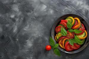 AI generated Traditional french Ratatouille with tomatoes, eggplant and zucchini, top view, copy space photo