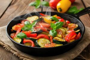 AI generated Traditional french Ratatouille with tomatoes, eggplant and zucchini, top view, copy space photo