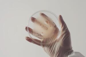 AI generated Scientists hand in glove holding petri dishes with bacterial colonies culture photo