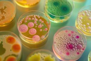 AI generated petri dishes with bacterial colonies culture on agar plates in laboratory photo