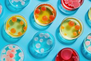 AI generated petri dishes with bacterial colonies culture on agar plates in laboratory photo