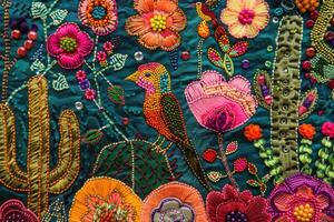 AI generated Mexican embroidery with cacti, flowers, birds, beads photo