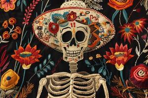 AI generated Mexican embroidery with sugar skull and flowers photo