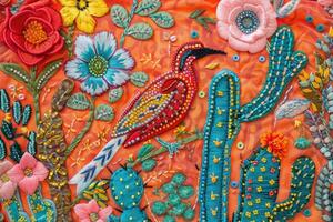 AI generated Mexican embroidery with cacti, flowers, birds, beads photo