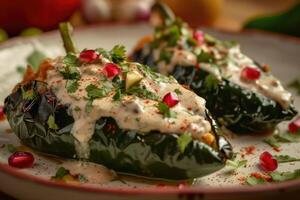 AI generated Mexican cuisine Chile en Nogada stuffed poblano chiles with creamy sauce, pomegranate seeds photo